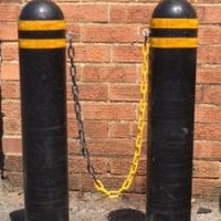 2 KONUS BOLLARDS WITH BLACK AND YELLOW CHAIN FOR £205